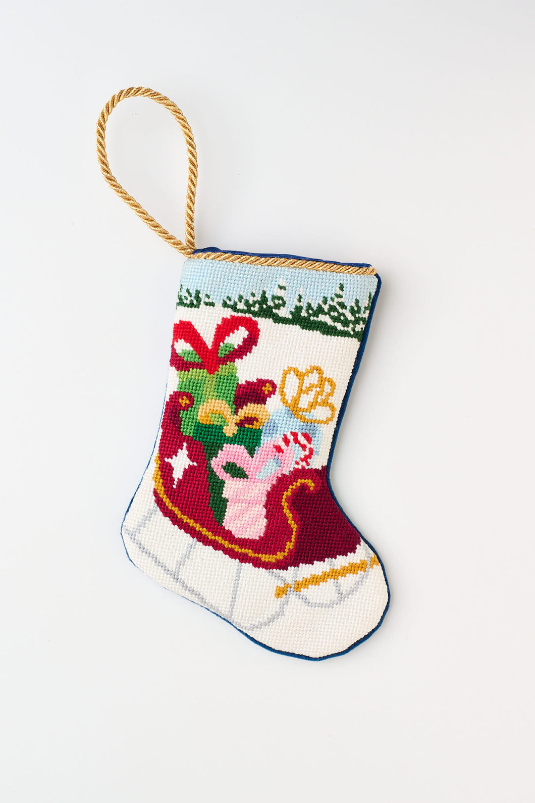 Christmas Bauble Stockings featuring Santa's sleigh overflowing with gifts against a snowy background
