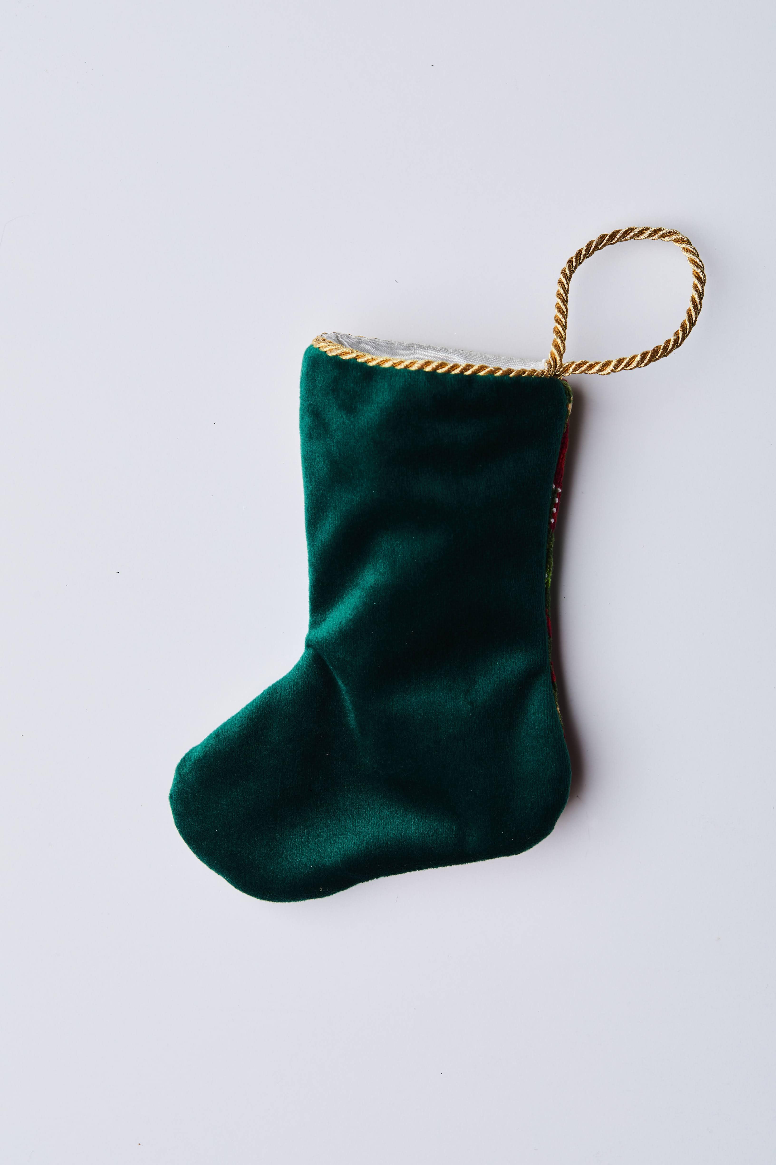 Back view of Sugarplum Dreaming needlepoint stocking with solid green velvet backing