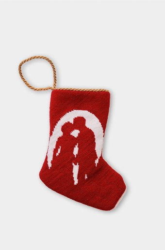 Together Forever needlepoint stocking with silhouette couple in white on bold red background
