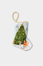 Woodland Creatures needlepoint stocking with decorated Christmas tree and animals in snowy setting